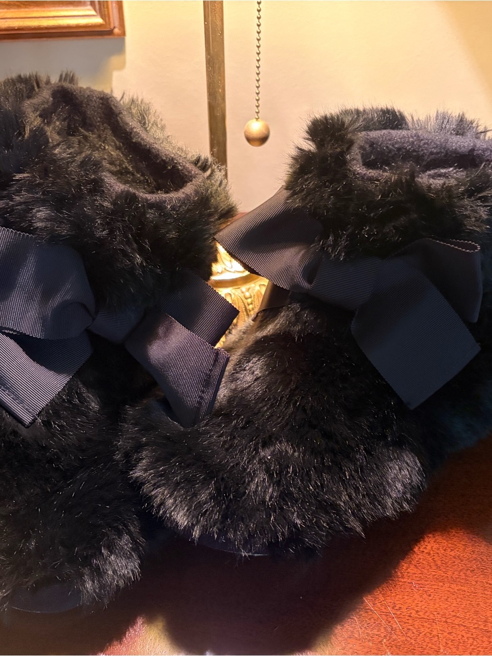kate spade Black Faux Fur Bow Slippers